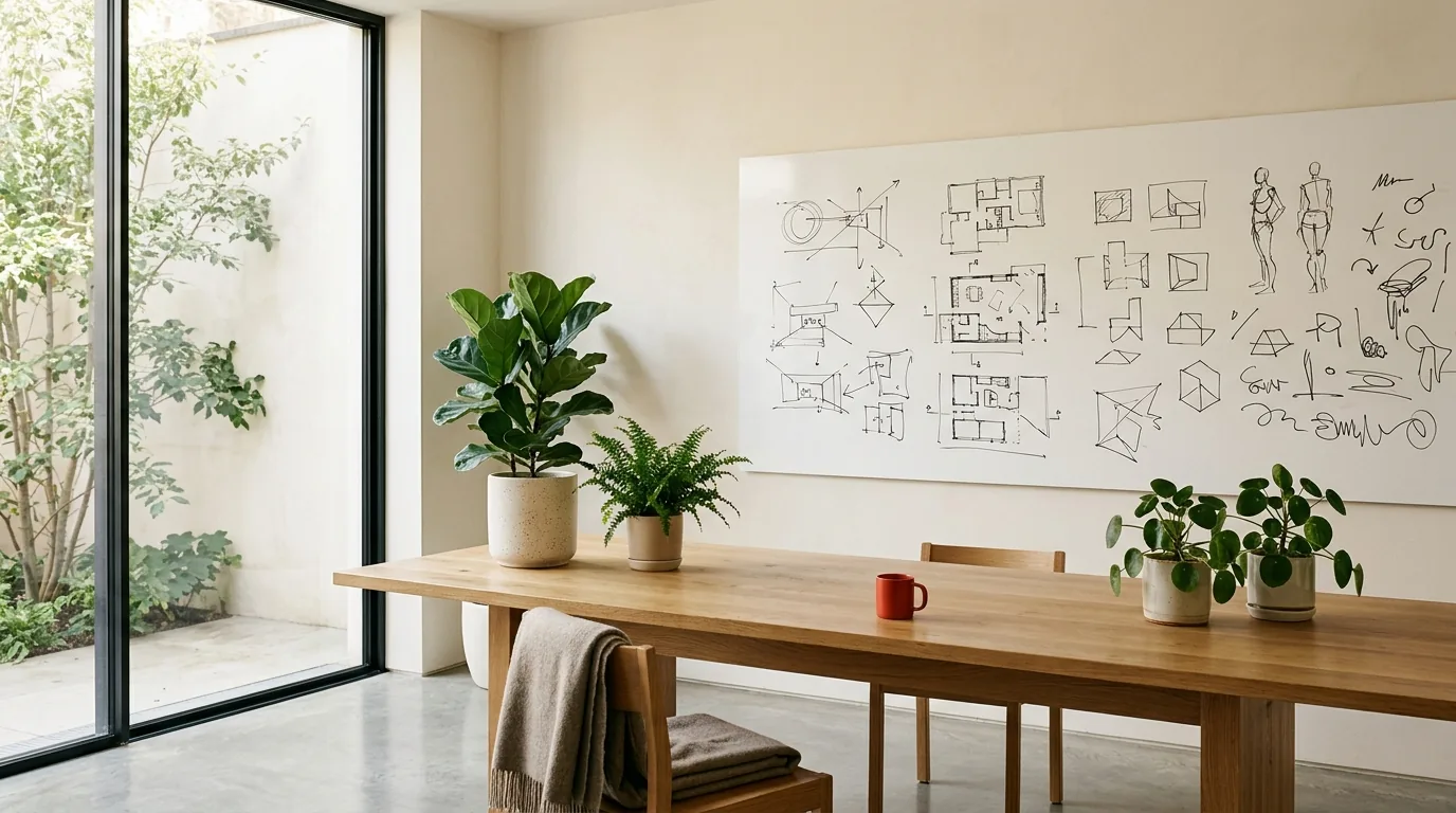 A sunlit studio with a long table, plants and a whiteboard of sketches