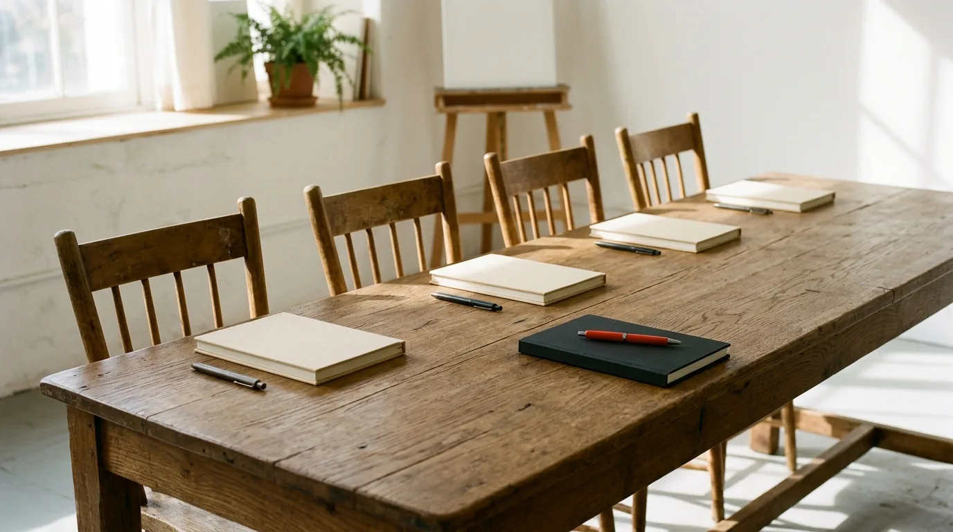 An empty chair at a bright desk with a notebook
