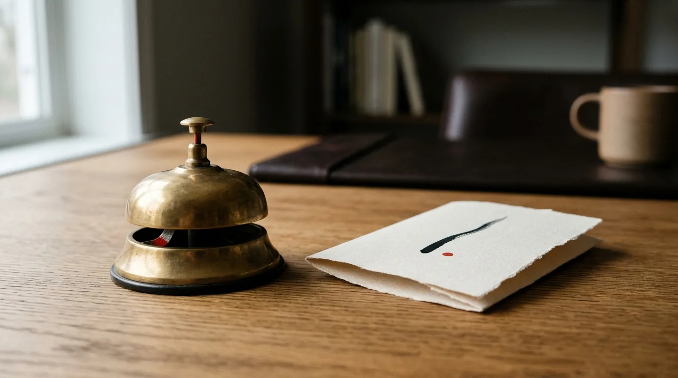 A brass desk bell beside a folded note