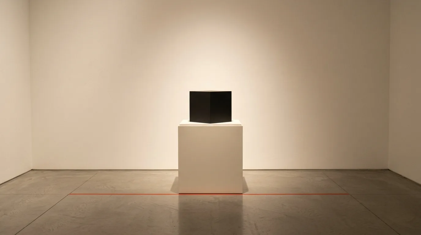 A single black box on a museum pedestal in a bright gallery