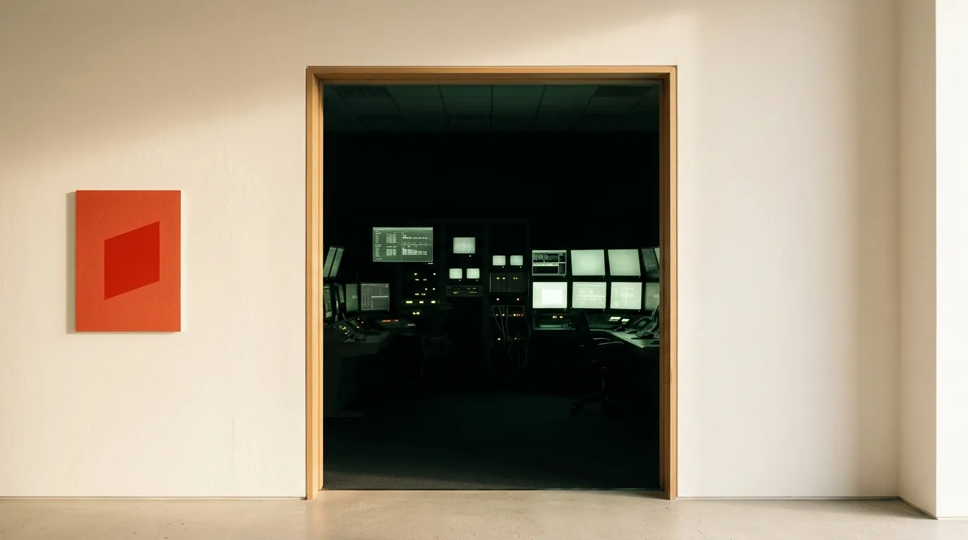 A bright gallery opening into a dark control room lit by green screens