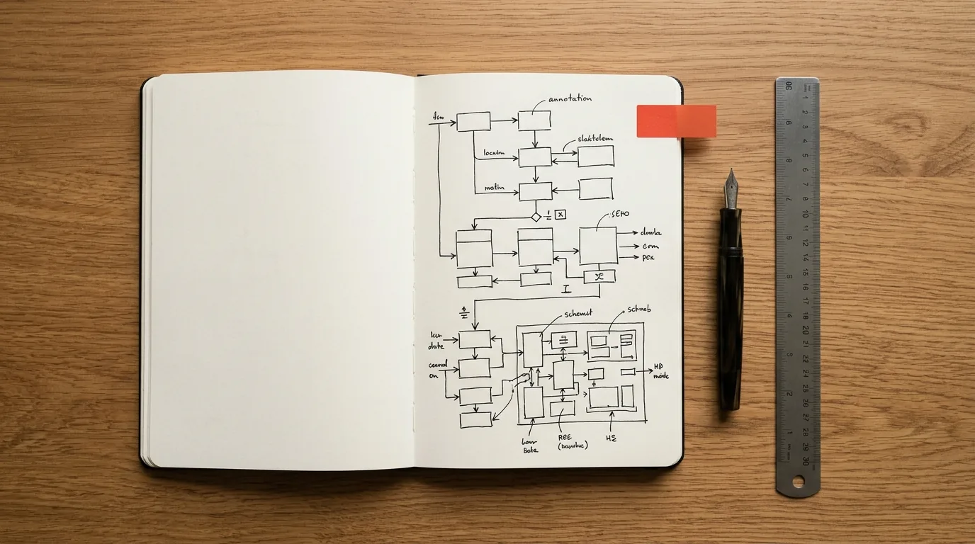 An engineer's desk with a notebook of ink sketches, a pen and a ruler