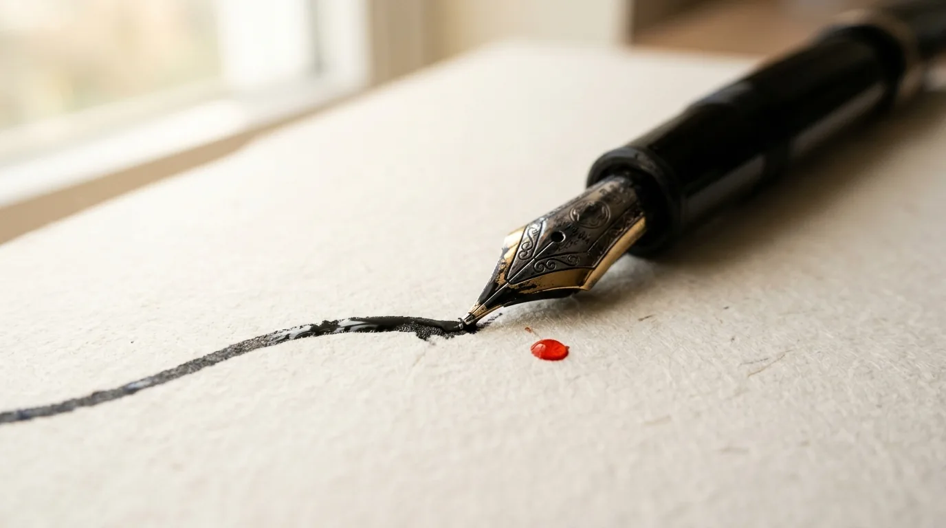 A fountain pen nib drawing a fresh ink line on paper