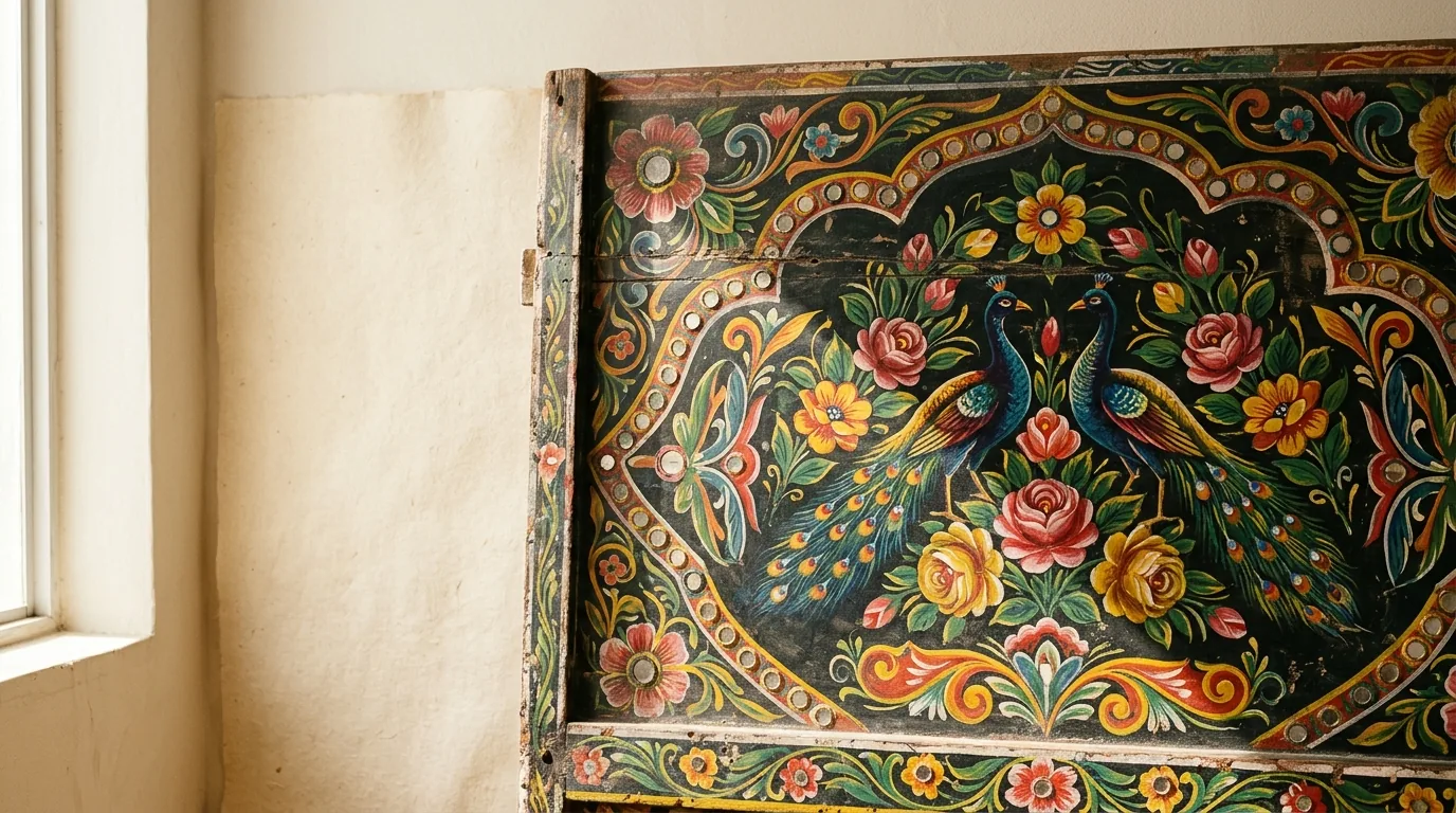 Hand-painted floral pattern in ink and vermilion