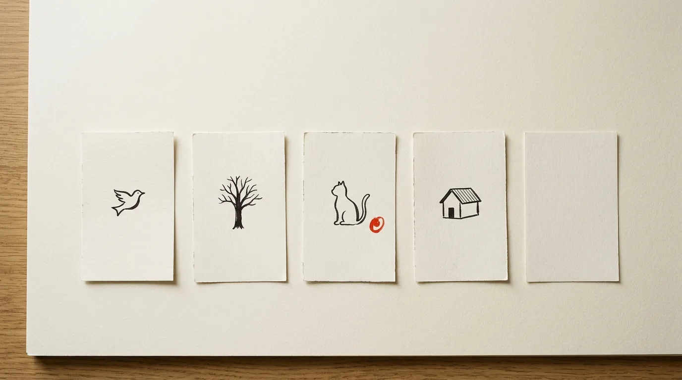 Five index cards in a row with ink sketches, the last one blank
