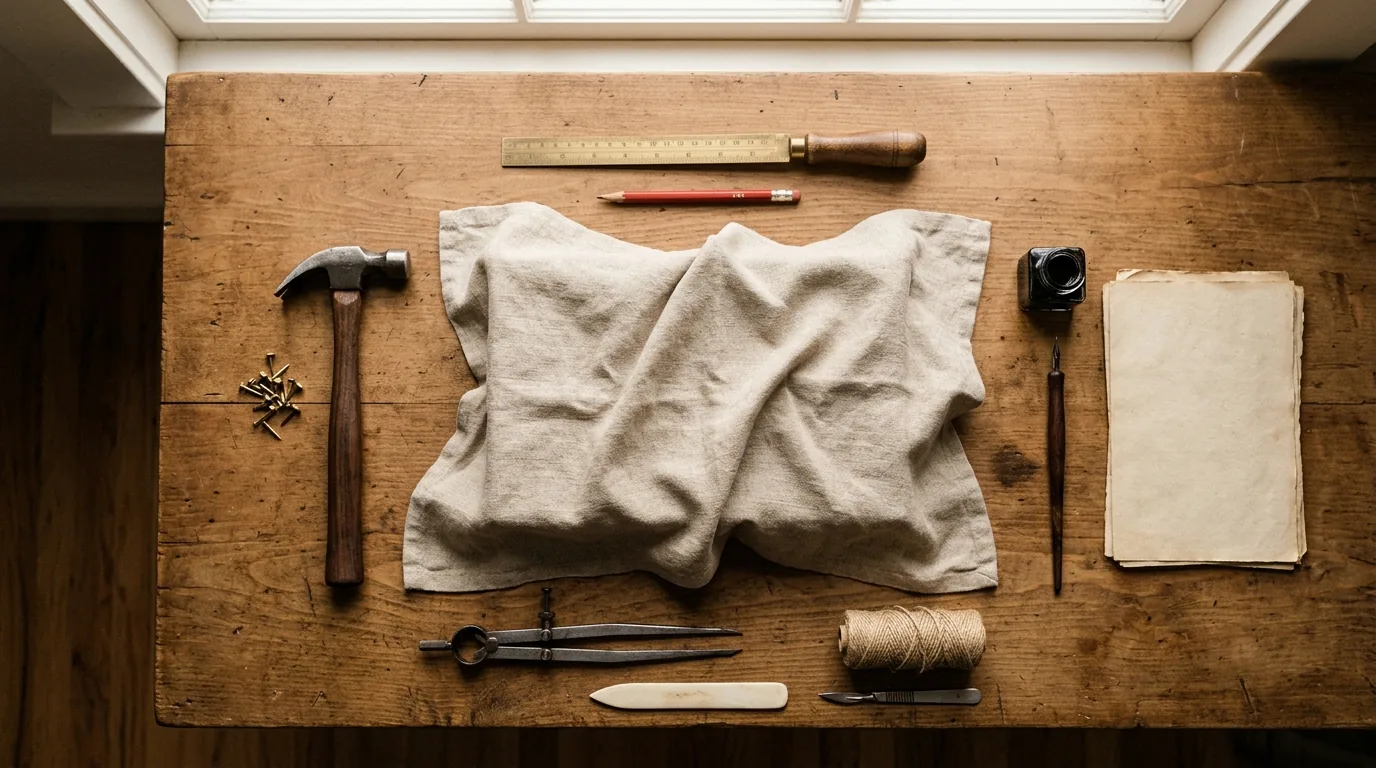 A workbench with an object hidden under a linen cloth